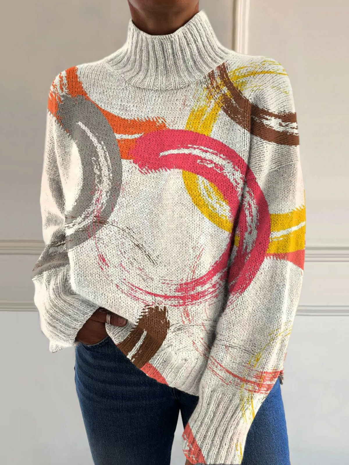 Althea - Vintage Color Block Hand Drawn Circle Art Print Knit Turtleneck Pullover Sweater-15553140523381-Nancy & Mae Savannah