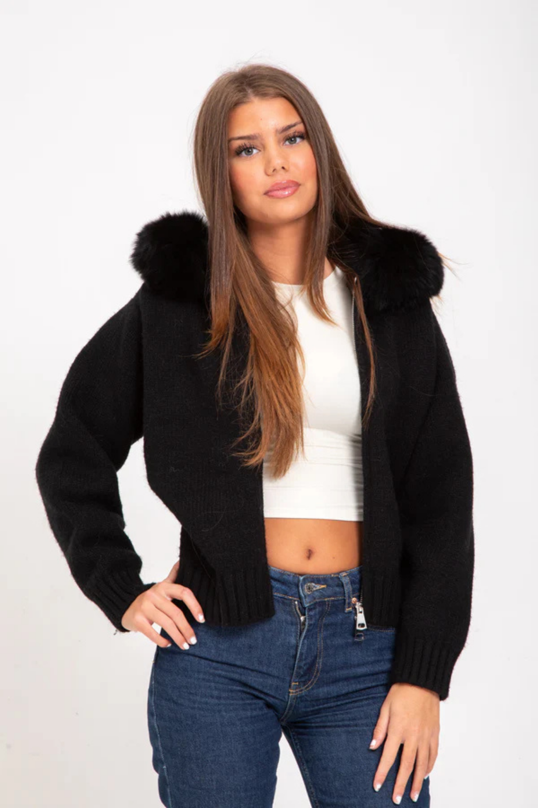 Aurélinne – Luxe detail – Faux fur hooded cardigan-15349950546293-Mirella Fiore