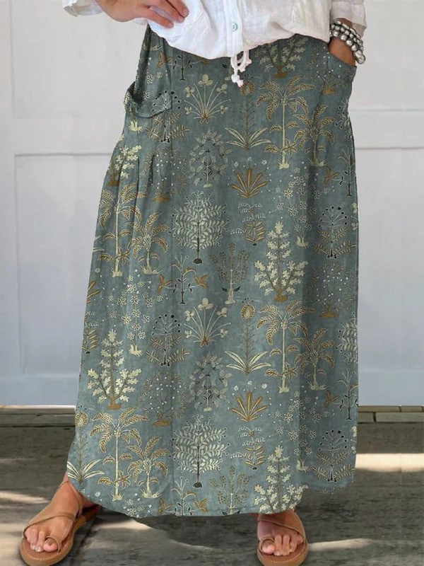 Bella - Woodland Vegetation Pattern Printed Women's Linen Elastic waistband Pocket Skirt-15563732550005-Nancy & Mae Savannah