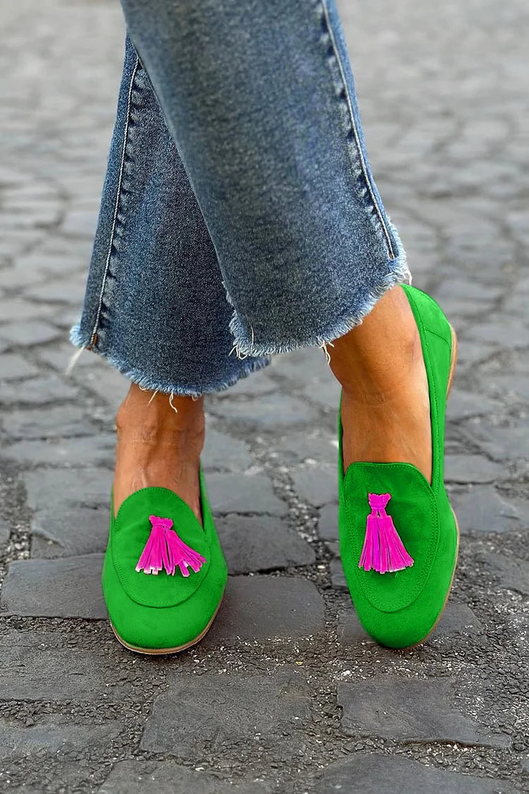 CELESTE - GREEN LOAFER WITH FUCHSIA TASSEL-15553868300661-Nancy & Mae Savannah