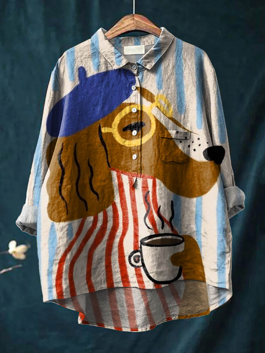 Charlie - Artistic Dog & Coffee Print Shirt-15542213640565-Nancy & Mae Savannah