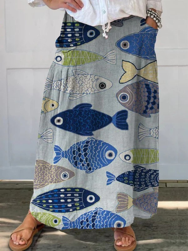Charlotte - Women's Vintage Lovely Fish Art Print Linen Pocket Skirt-15563732255093-Nancy & Mae Savannah
