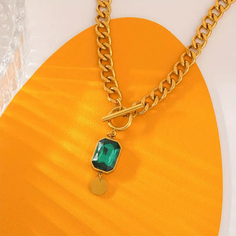 Chunky Chain Emerald Gold Pendant Necklace-15548285747573-Nancy & Mae Savannah