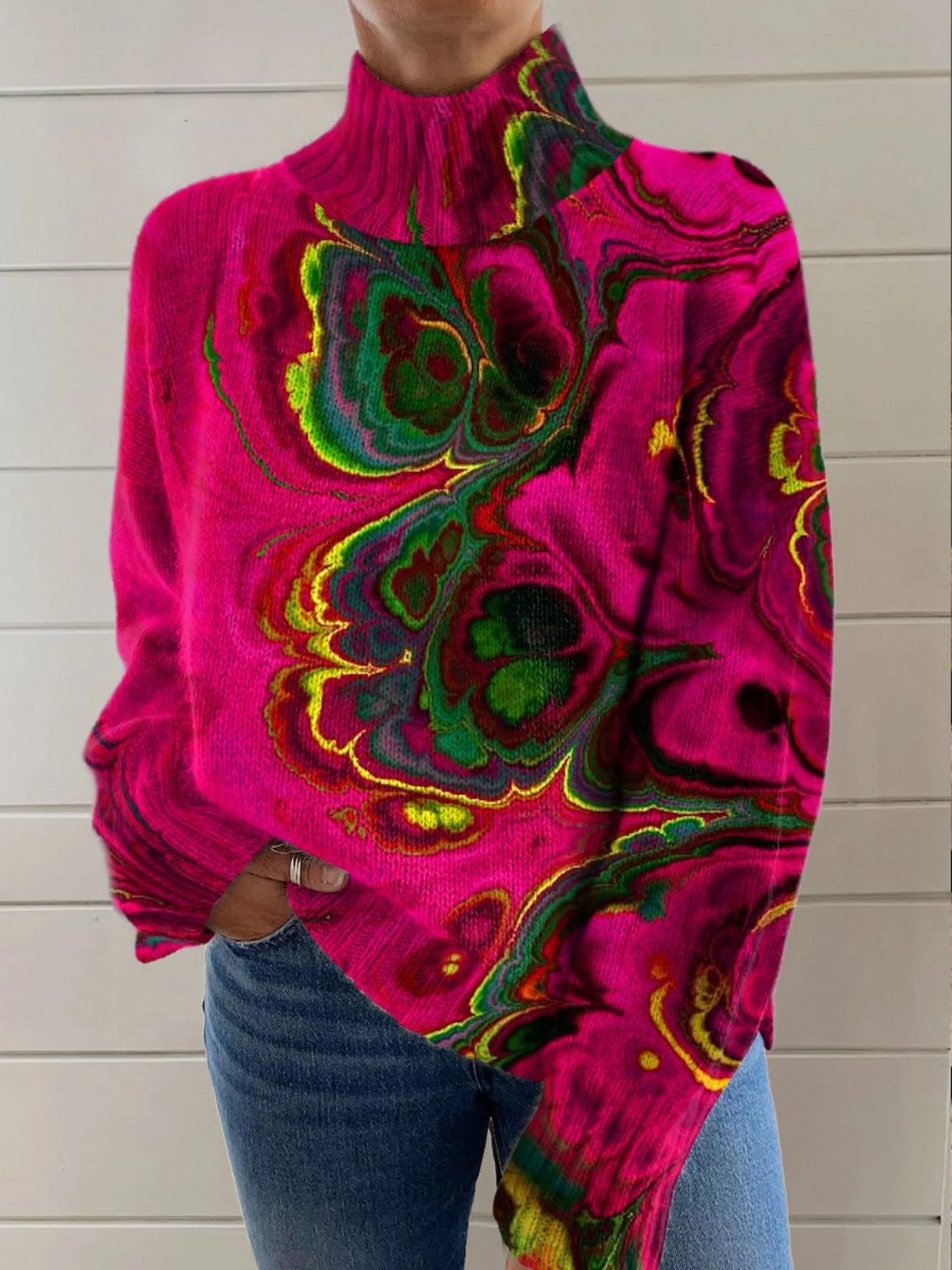 Cindy - Abstrct Art Print Knit Turtleneck Pullover Sweater-15553139605877-Nancy & Mae Savannah