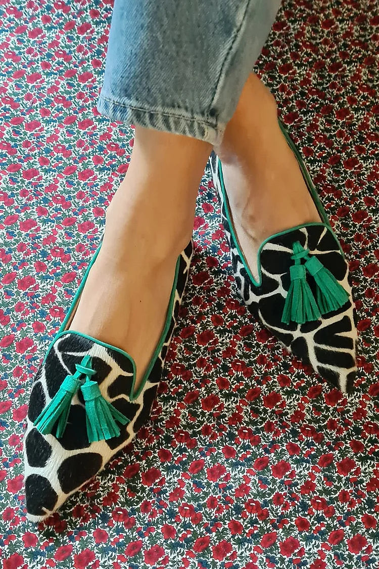 DAHLIA - POINTED LOAFER WITH GIRAFFE PRINT AND GREEN FRINGES-15553866498421-Nancy & Mae Savannah
