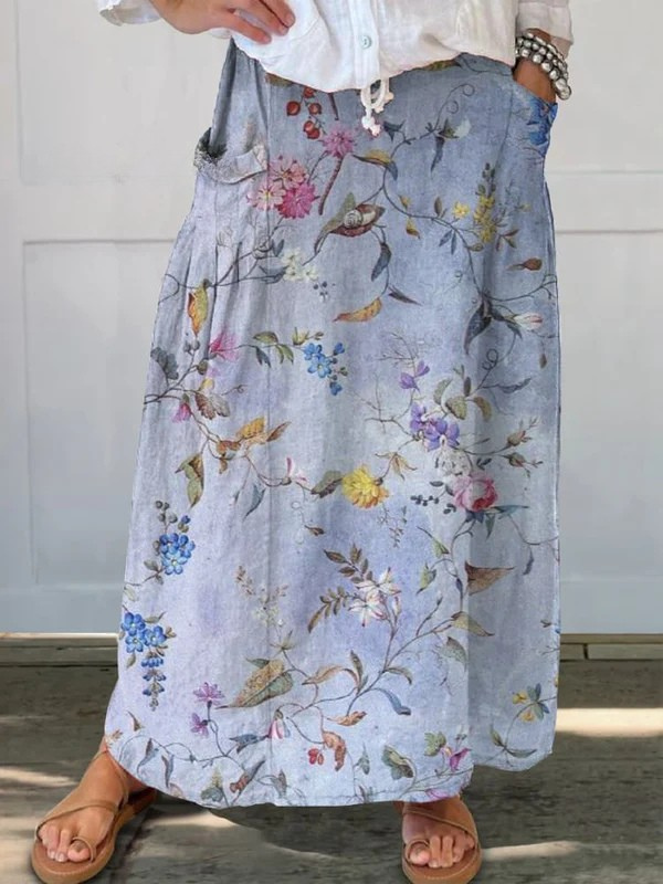 Daphne - Elegant Vintage Blue Print Women's Linen Pocket Skirt-15563732189557-Nancy & Mae Savannah