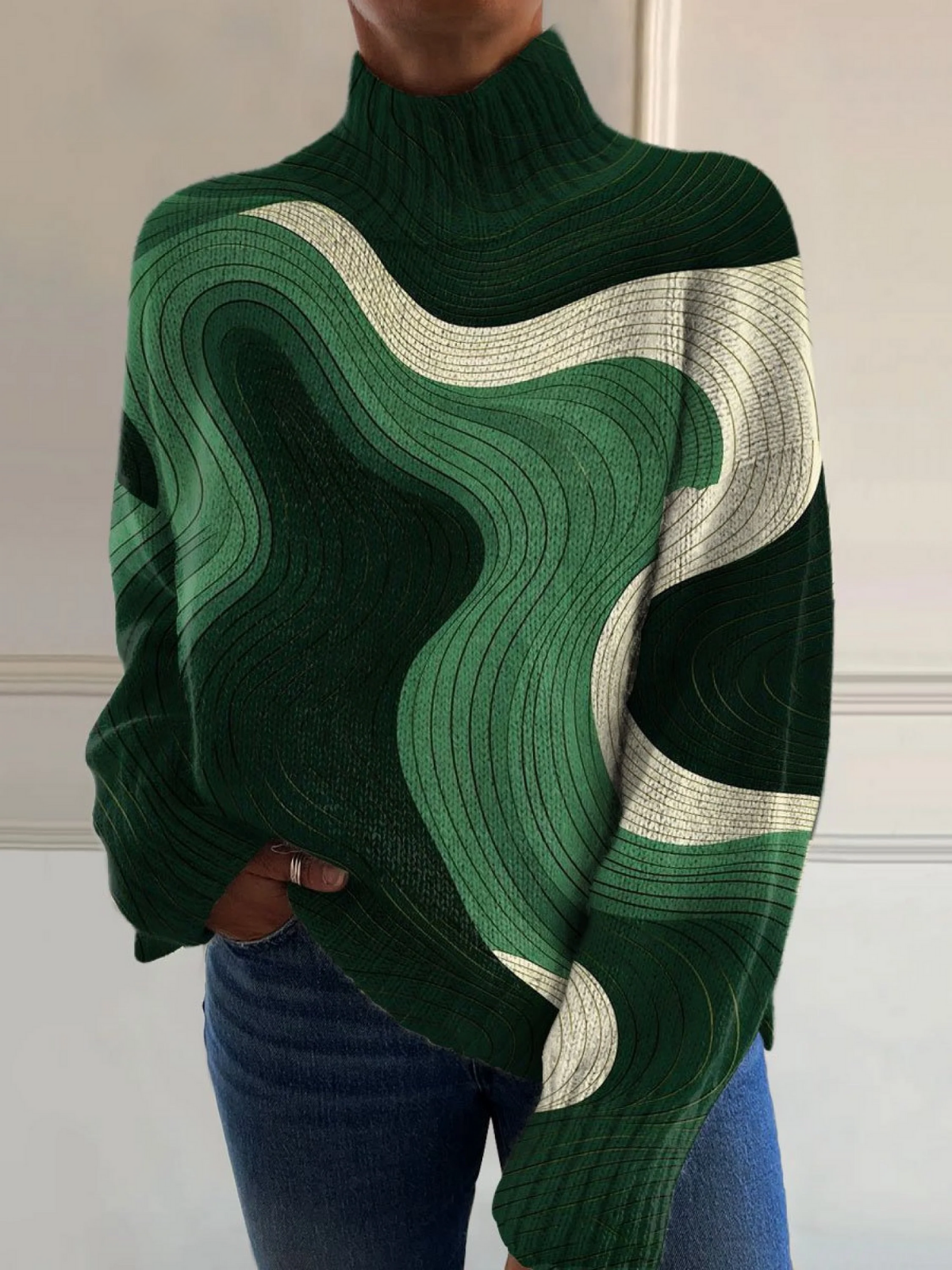 Daria - Vintage Green Color Block Wave Art Print Knit Turtleneck Pullover Sweater-15553139278197-Nancy & Mae Savannah