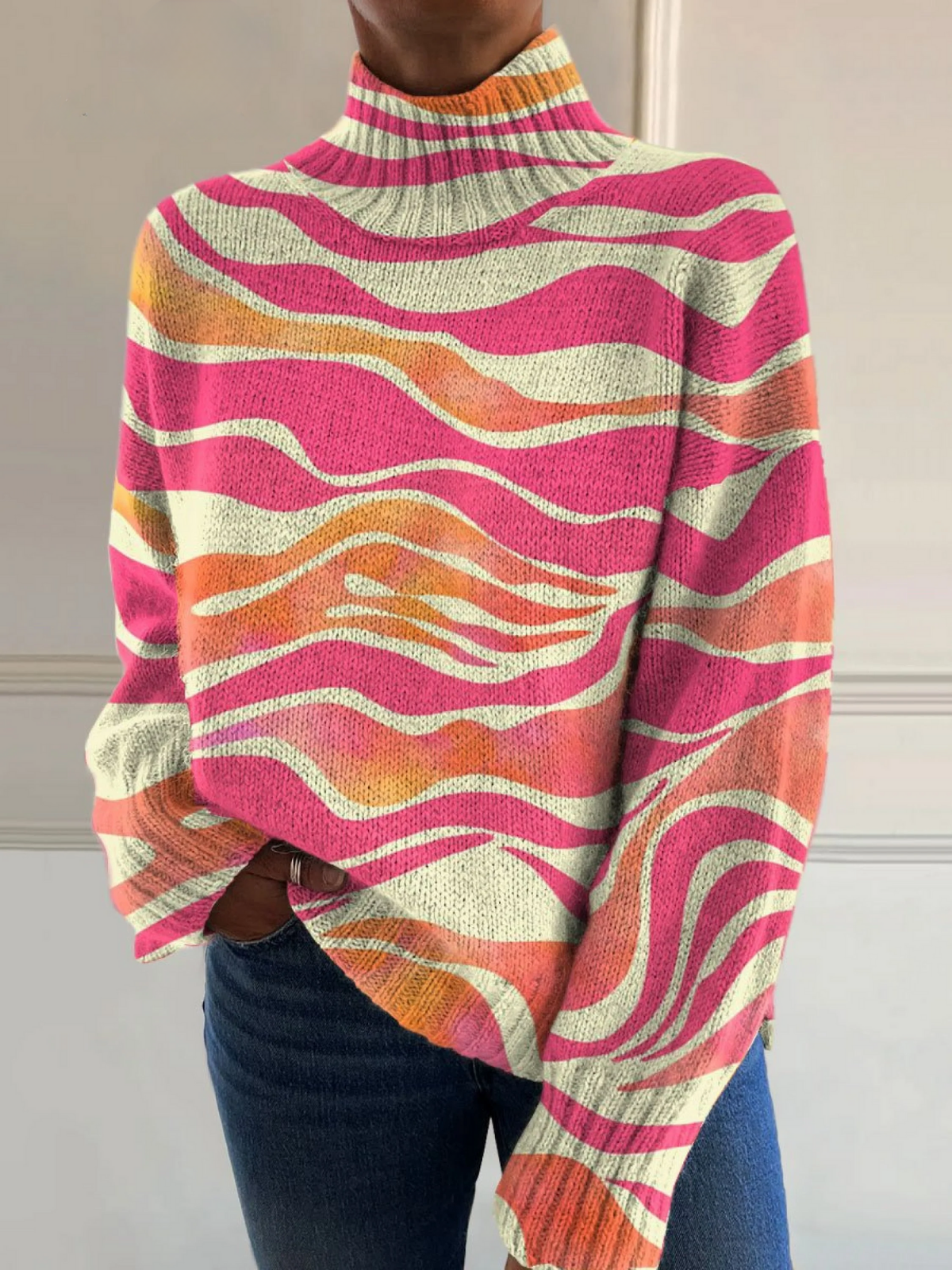 Delphine - Vintage Color Block Stripes Knit Turtleneck Pullover Sweater-15553140588917-Nancy & Mae Savannah
