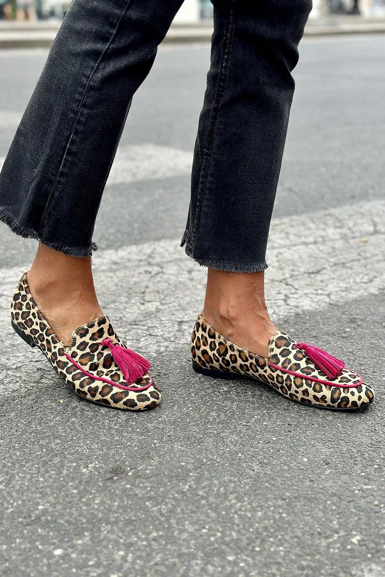 Edith - Animal Print Loafer With Fuchsia Fringes-15551039537525-Nancy & Mae Savannah