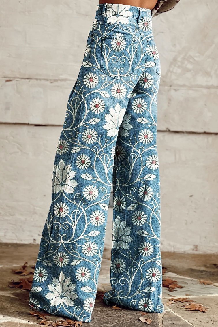 Elodie - Vintage Daisy Bloom Wide-Leg Pants-15531073831285-Mirella Fiore