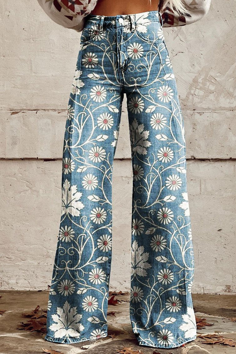 Elodie - Vintage Daisy Bloom Wide-Leg Pants-15531073831285-Mirella Fiore