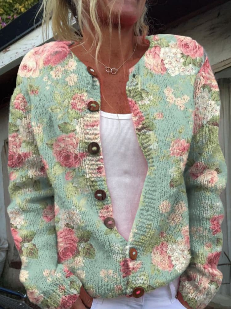 Eulene - Fresh Retro Flowers Print Buttoned Cardigan Sweater-15530555703669-Mirella Fiore