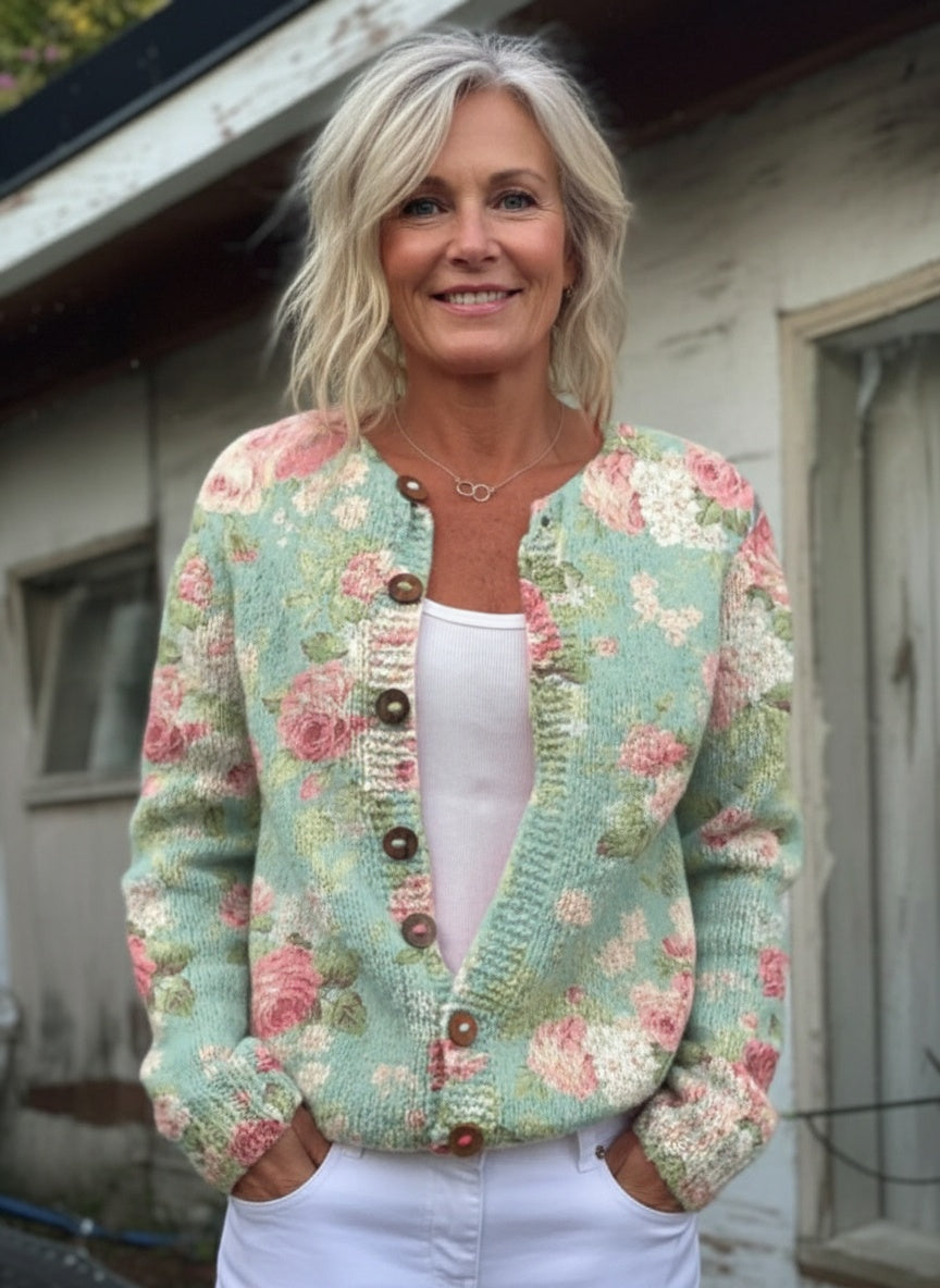 Eulene - Fresh Retro Flowers Print Buttoned Cardigan Sweater-15530555703669-Mirella Fiore