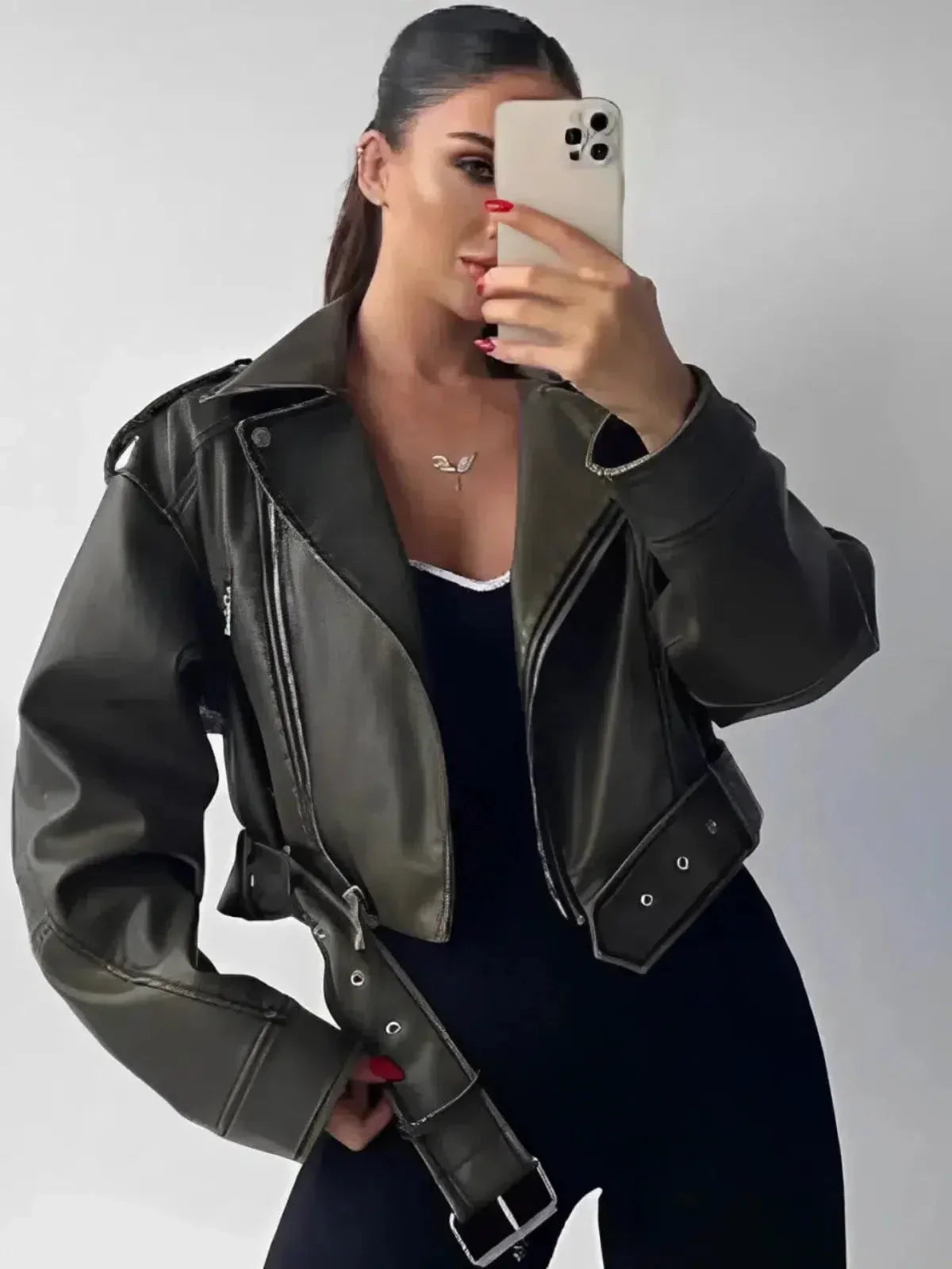Isla – Cropped fitted design – Belted biker jacket-15133992124789-Mirella Fiore