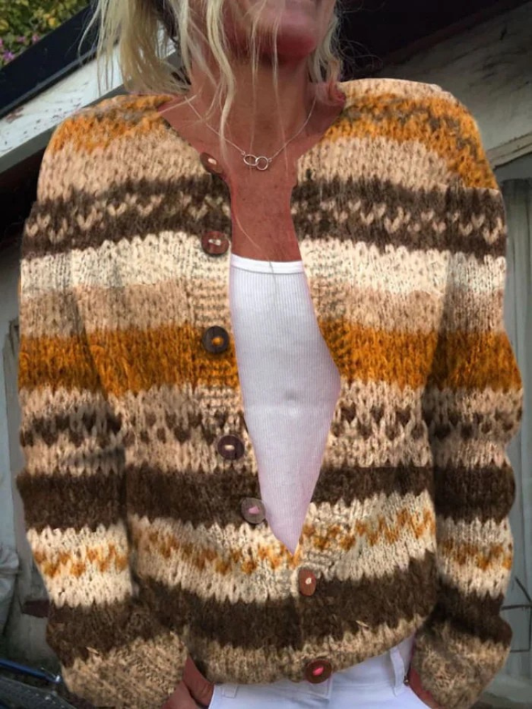 Jamela - Striped Colour Block Print Buttoned Cardigan Sweater-15530556293493-Mirella Fiore