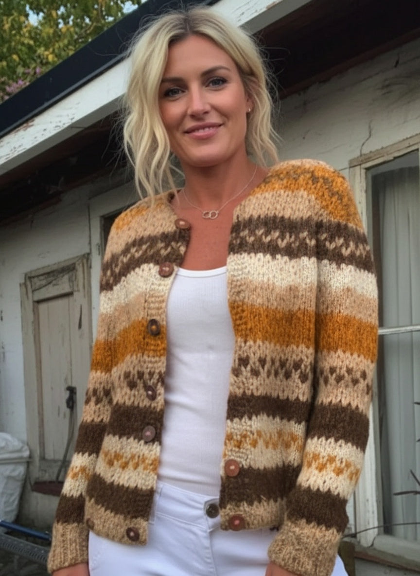 Jamela - Striped Colour Block Print Buttoned Cardigan Sweater-15530556293493-Mirella Fiore