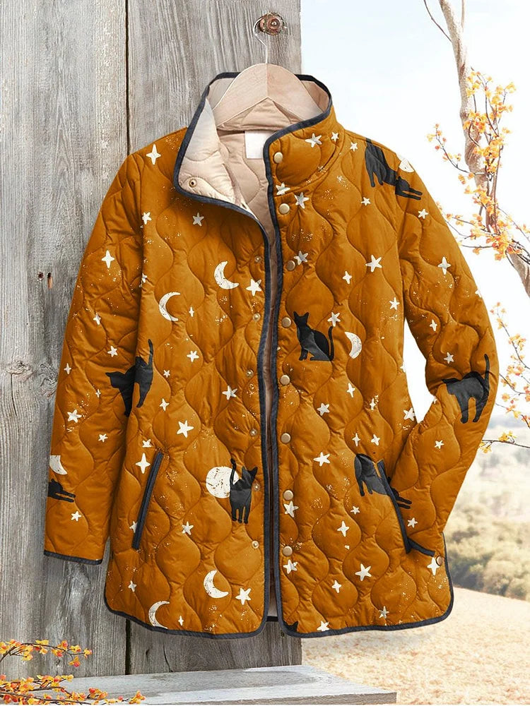 Kelly - Casual Quilted Jacket with Black Cat Halloween Print-15549061759349-Mirella Fiore