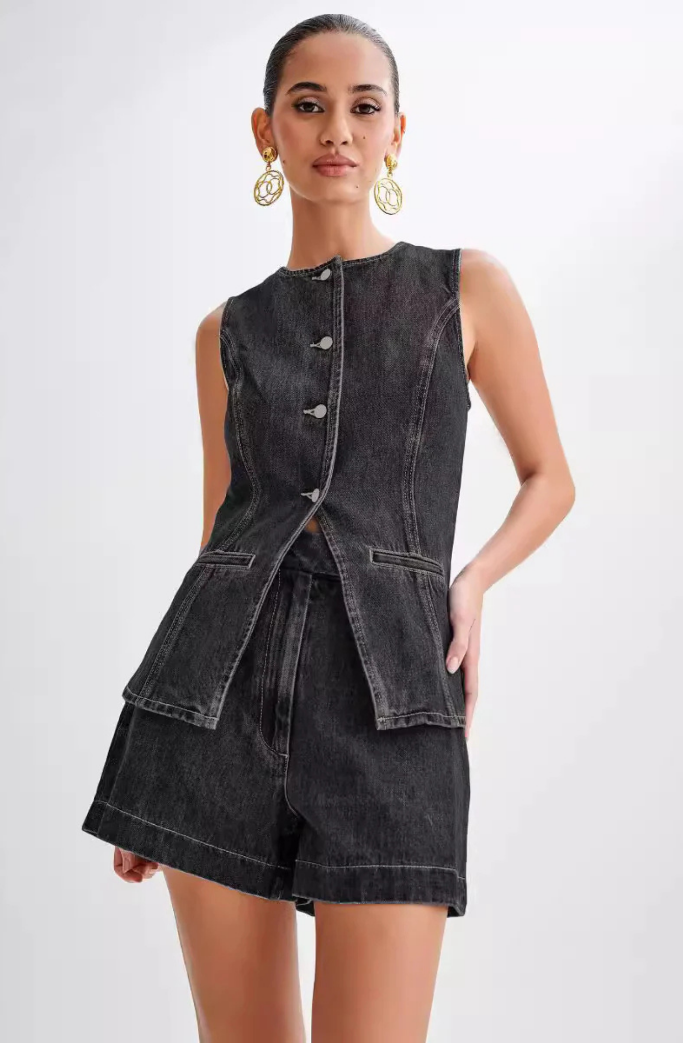 Lila – Button-Detail Denim Set – Top and Shorts-15274612097397-Mirella Fiore