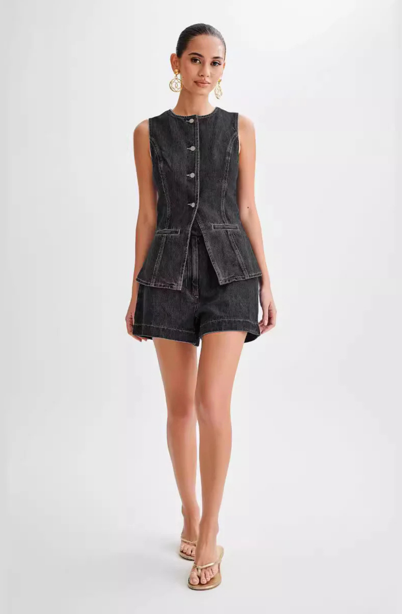 Lila – Button-Detail Denim Set – Top and Shorts-15274612097397-Mirella Fiore