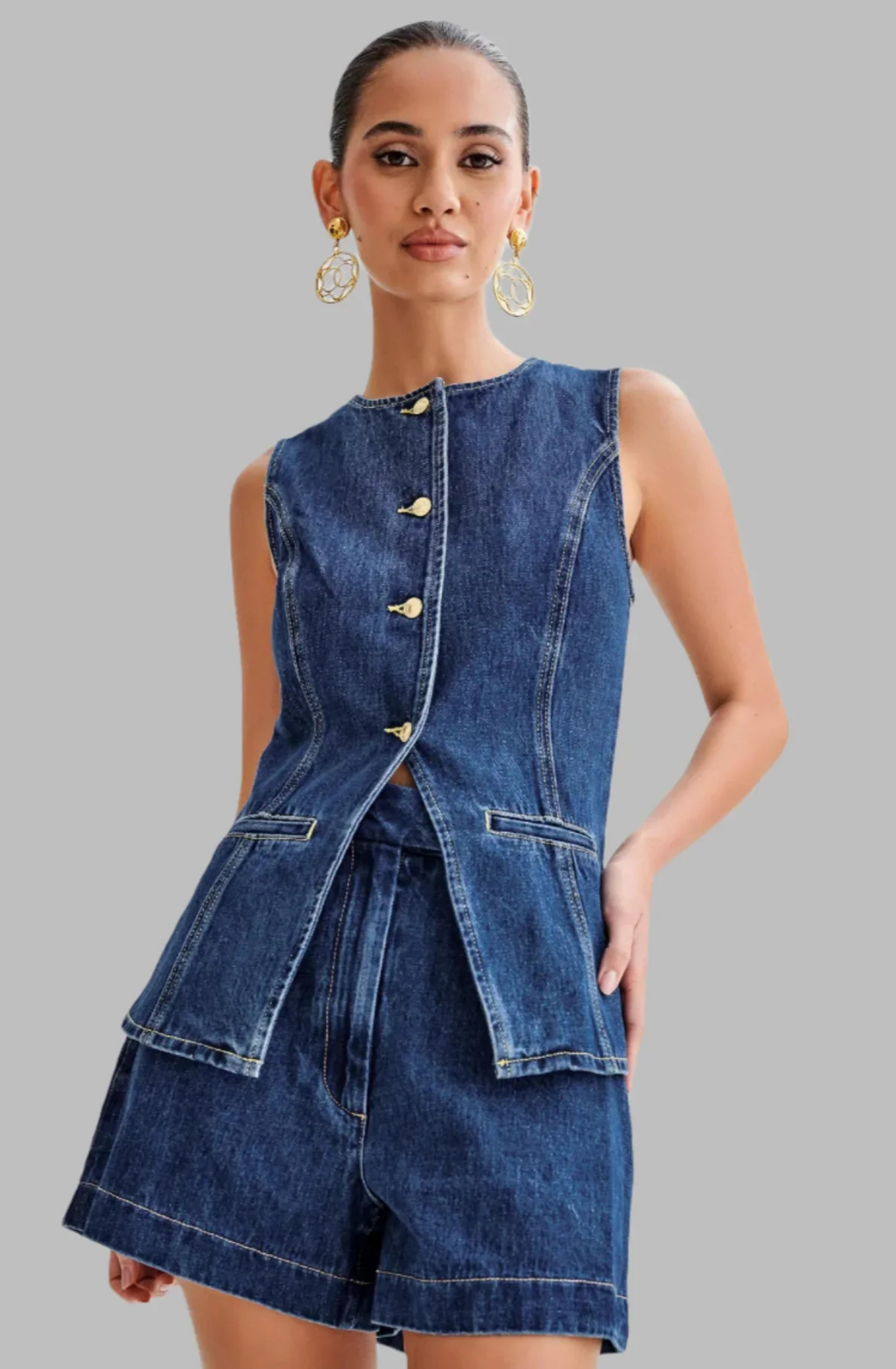 Lila – Button-Detail Denim Set – Top and Shorts-15274612097397-Mirella Fiore