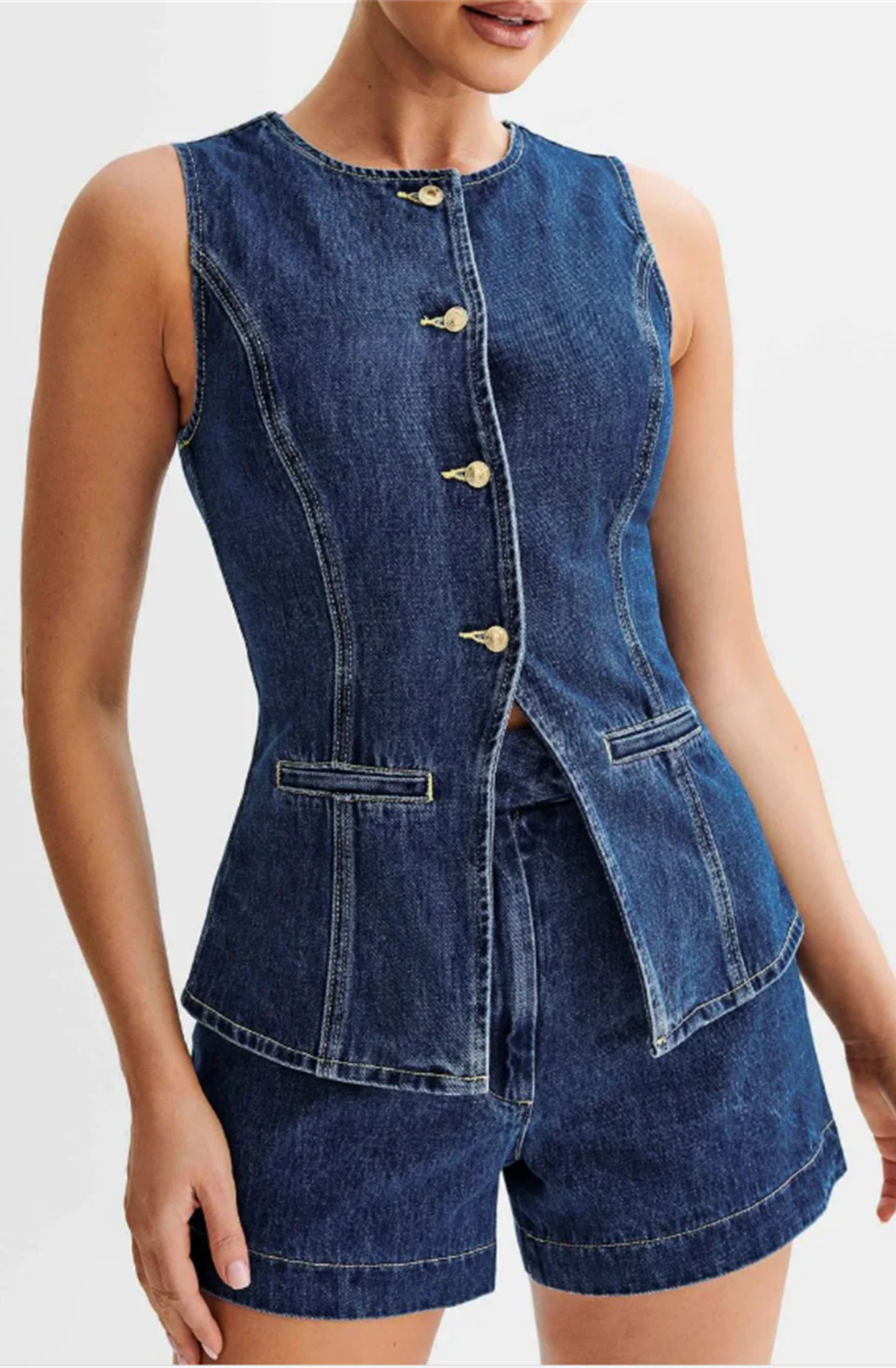 Lila – Button-Detail Denim Set – Top and Shorts-15274612097397-Mirella Fiore