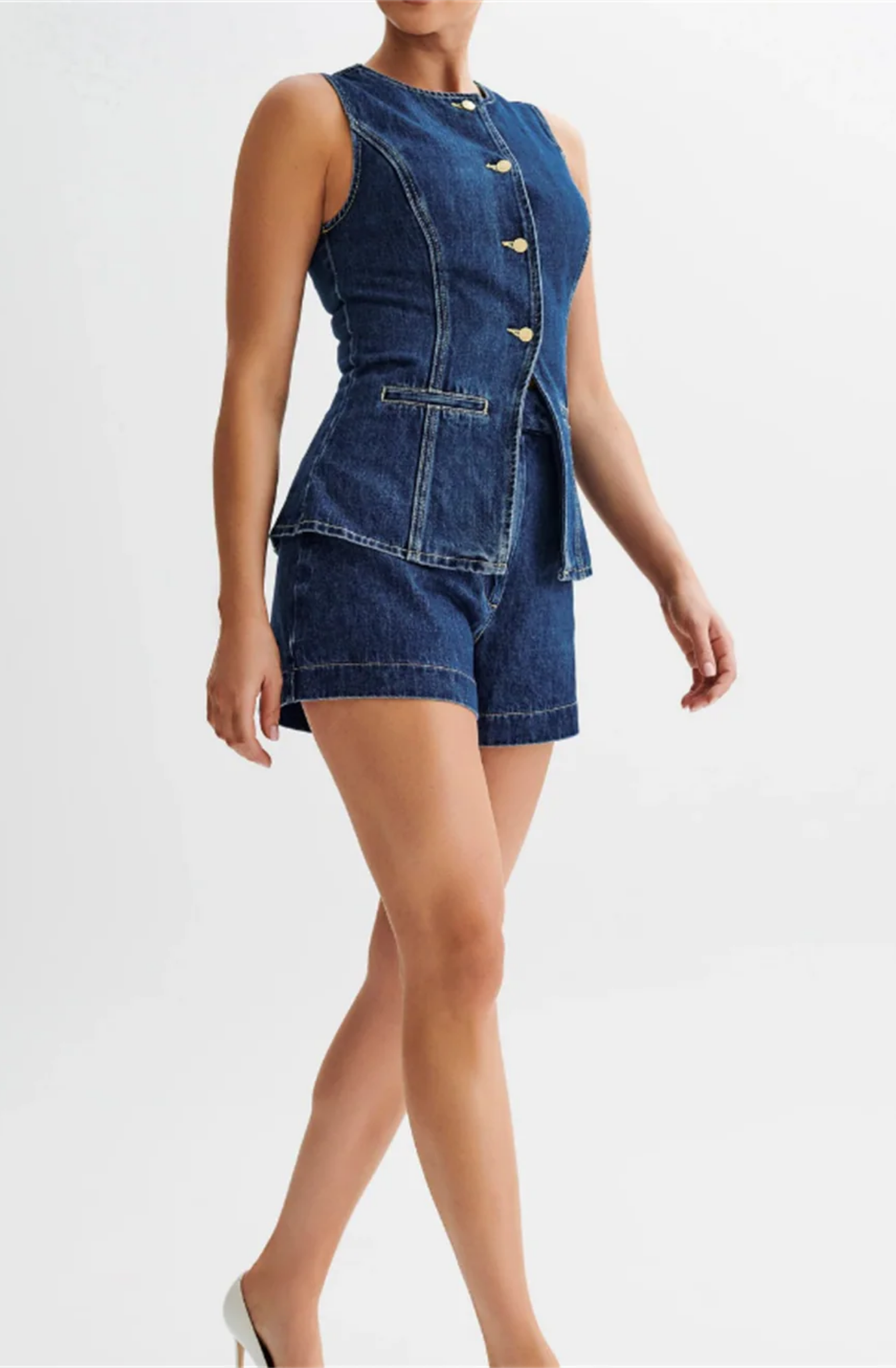 Lila – Button-Detail Denim Set – Top and Shorts-15274612097397-Mirella Fiore
