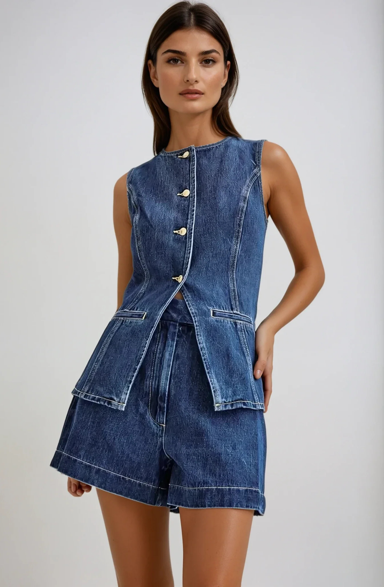 Lila – Button-Detail Denim Set – Top and Shorts-15274612097397-Mirella Fiore