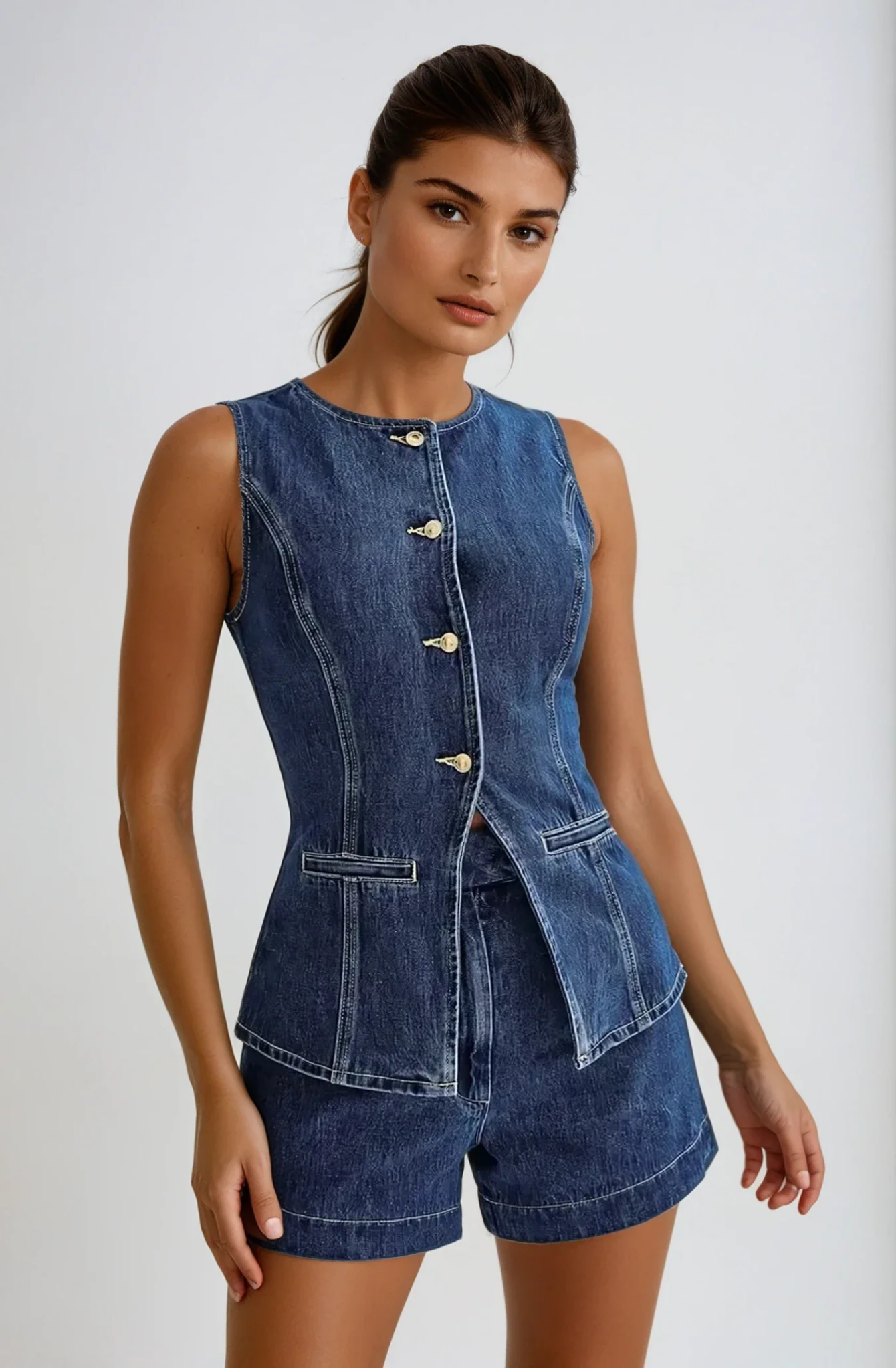 Lila – Button-Detail Denim Set – Top and Shorts-15274612097397-Mirella Fiore