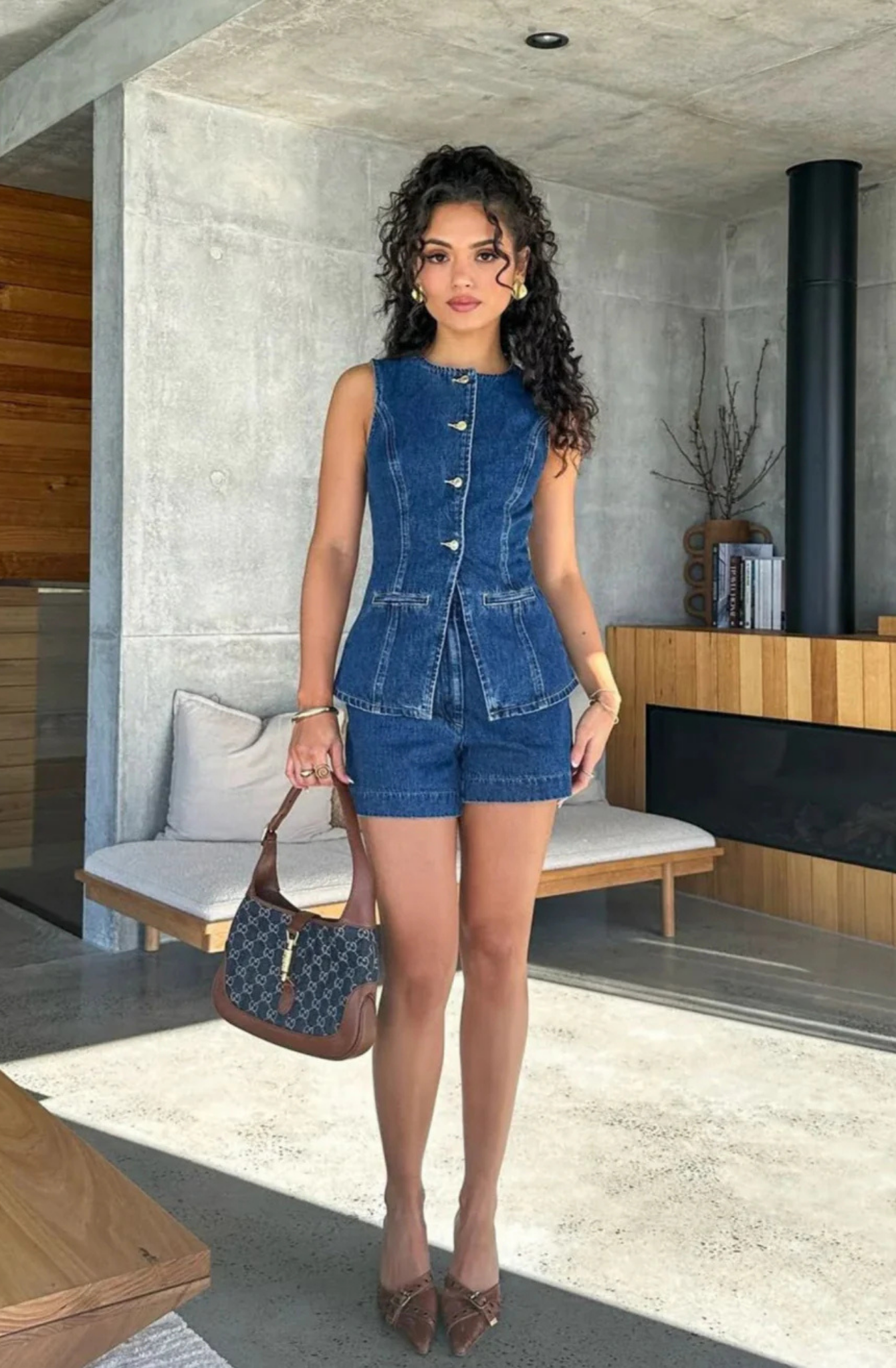 Lila – Button-Detail Denim Set – Top and Shorts-15274612097397-Mirella Fiore