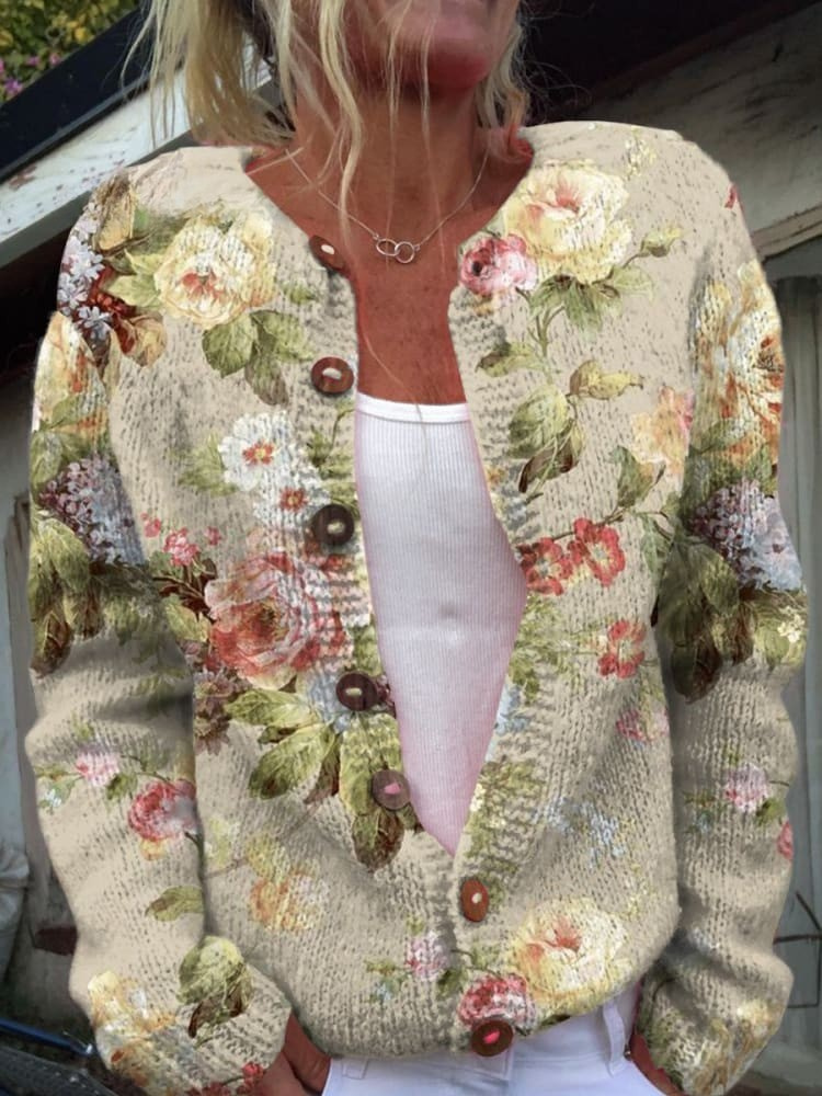 Loraine - Retro Fresh Flowers Print Buttoned Cardigan Sweater-15530555801973-Mirella Fiore