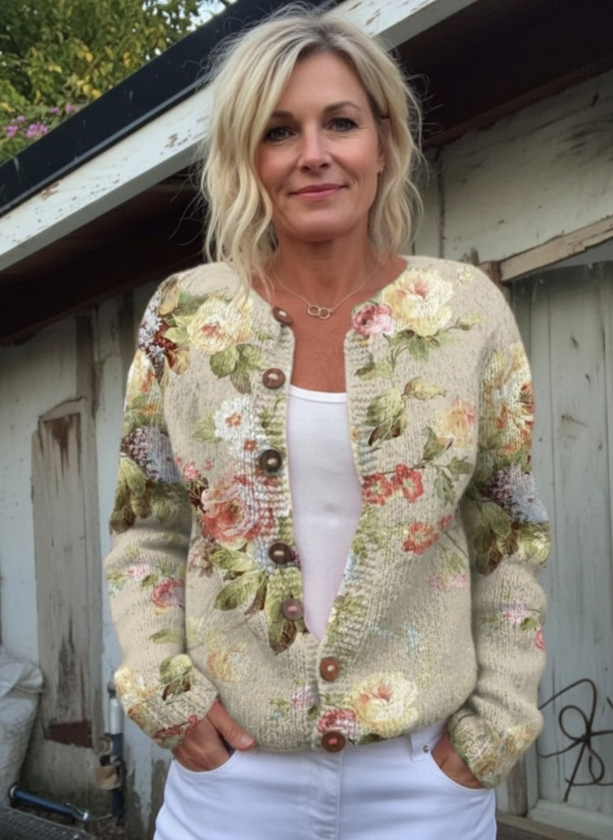 Loraine - Retro Fresh Flowers Print Buttoned Cardigan Sweater-15530555801973-Mirella Fiore