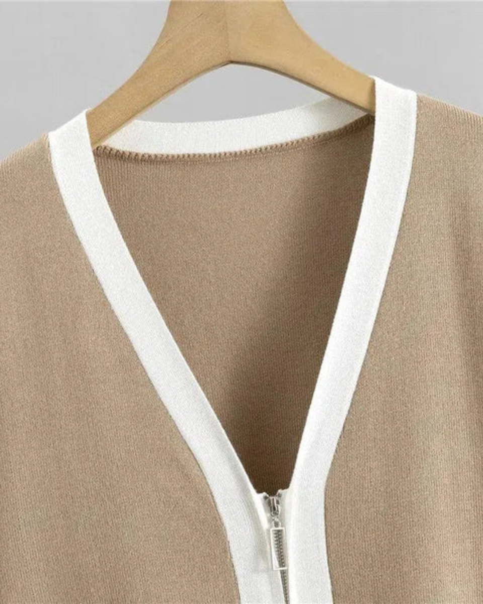 Marguerite – V-neck zip-up cardigan – Three-piece knit set-15133957357941-Mirella Fiore