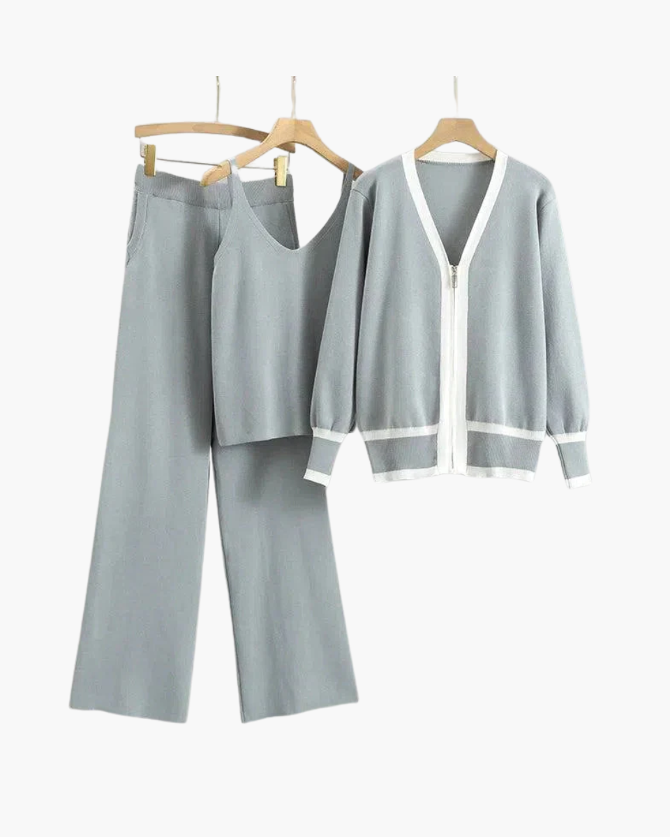 Marguerite – V-neck zip-up cardigan – Three-piece knit set-15133957357941-Mirella Fiore