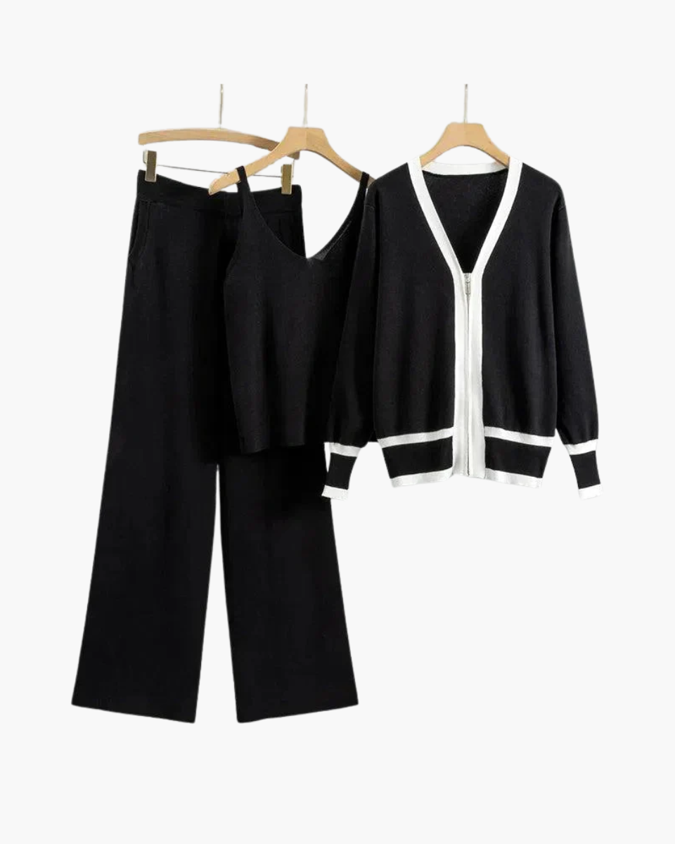 Marguerite – V-neck zip-up cardigan – Three-piece knit set-15133957357941-Mirella Fiore