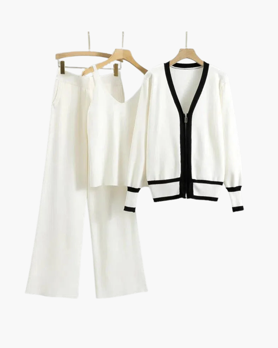 Marguerite – V-neck zip-up cardigan – Three-piece knit set-15133957357941-Mirella Fiore