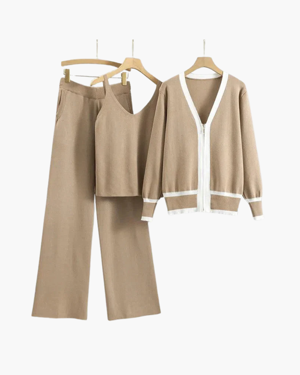 Marguerite – V-neck zip-up cardigan – Three-piece knit set-15133957357941-Mirella Fiore