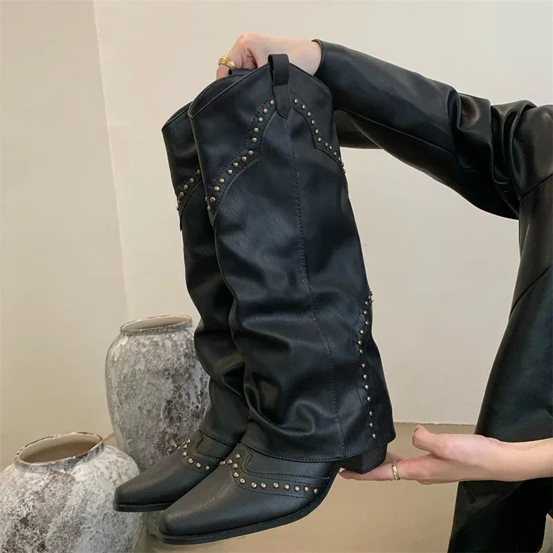 Marissa - Studded Slouch Western Boots-15550871437685-Mirella Fiore