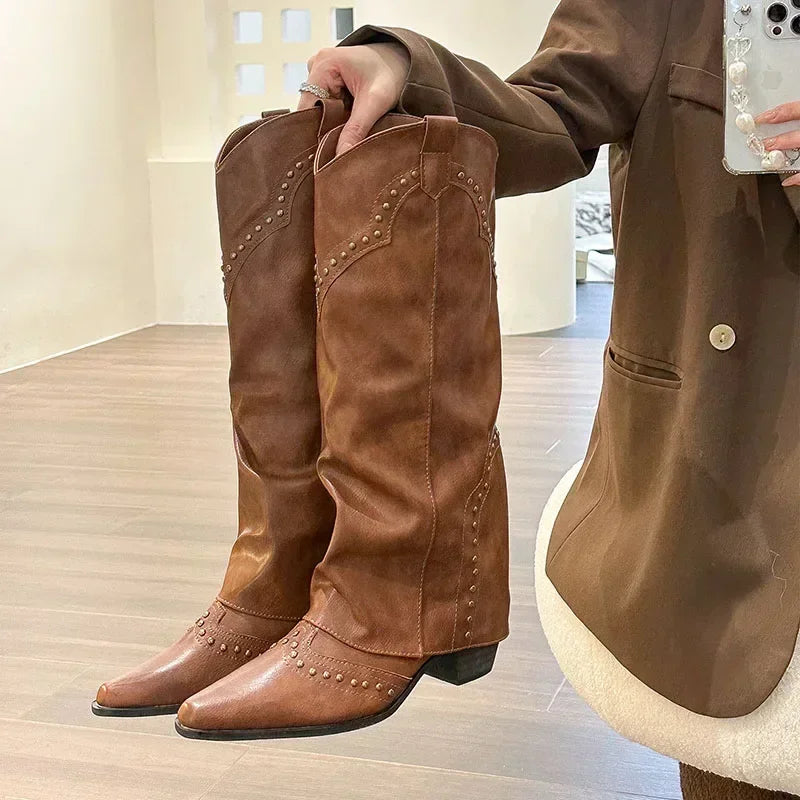Marissa - Studded Slouch Western Boots-15550871437685-Mirella Fiore