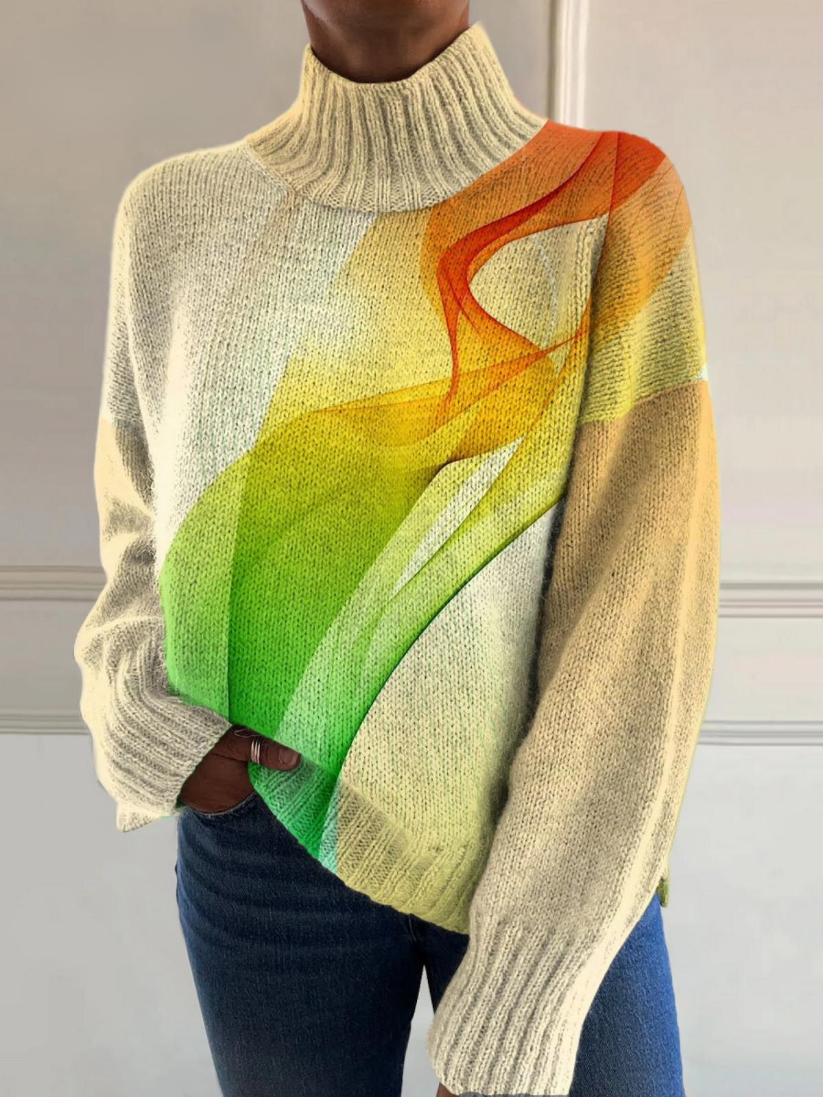 Melissa - Colorful Line Art Print Knit Turtleneck Pullover Sweater-15553140031861-Mirella Fiore