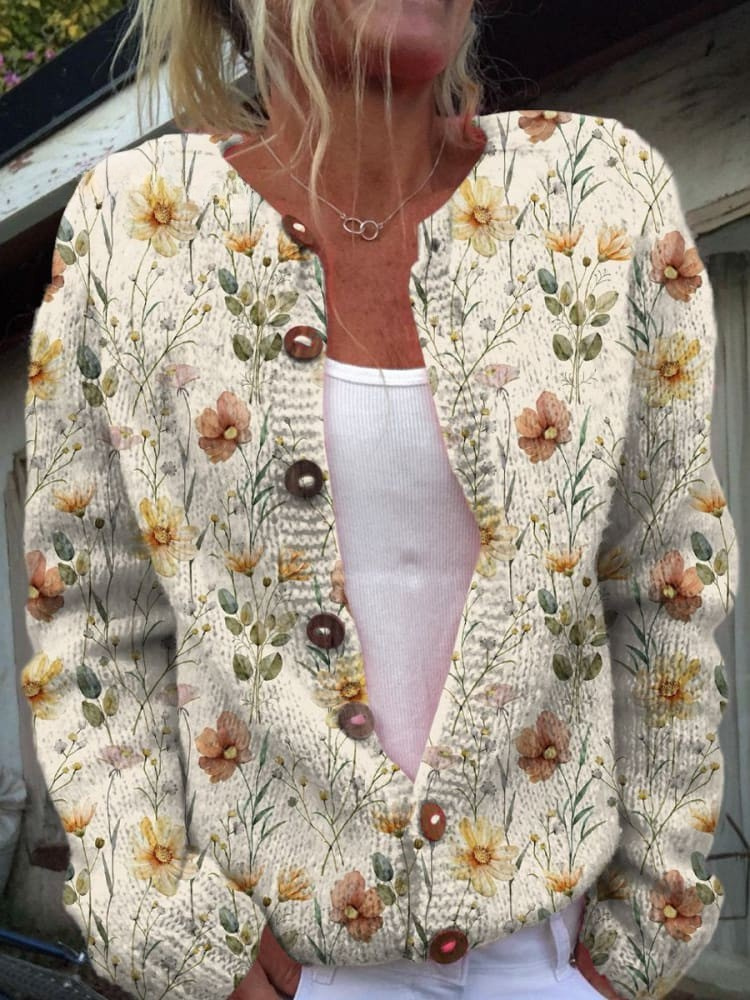 Melissa - Watercolor Garden Floral Pattern Printed Buttoned Cardigan Sweater-15530556162421-Mirella Fiore