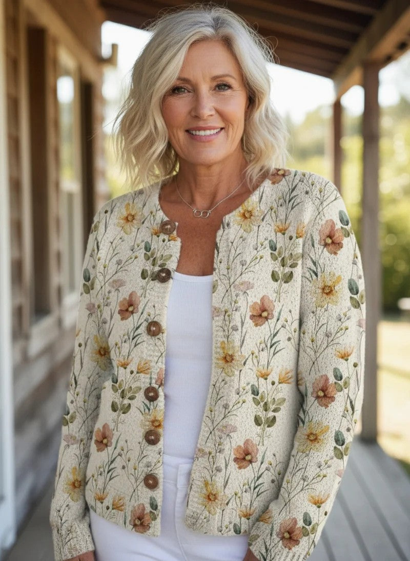 Melissa - Watercolor Garden Floral Pattern Printed Buttoned Cardigan Sweater-15530556162421-Mirella Fiore