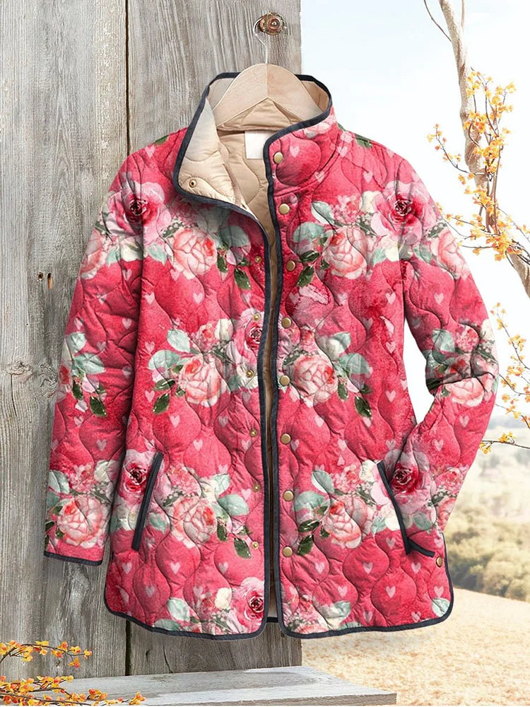 Michelle - Charming Pink Floral Print Quilted Jacket for Women-15549061366133-Mirella Fiore