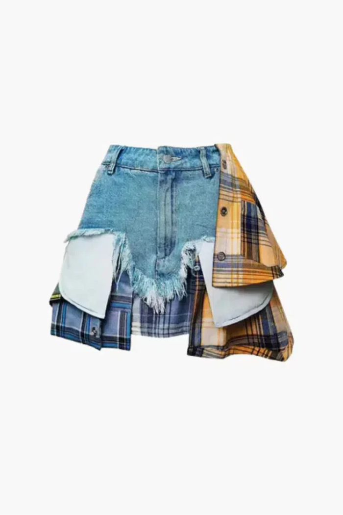 Monica – Plaid panels – Layered denim mini skirt-15133677715829-Mirella Fiore
