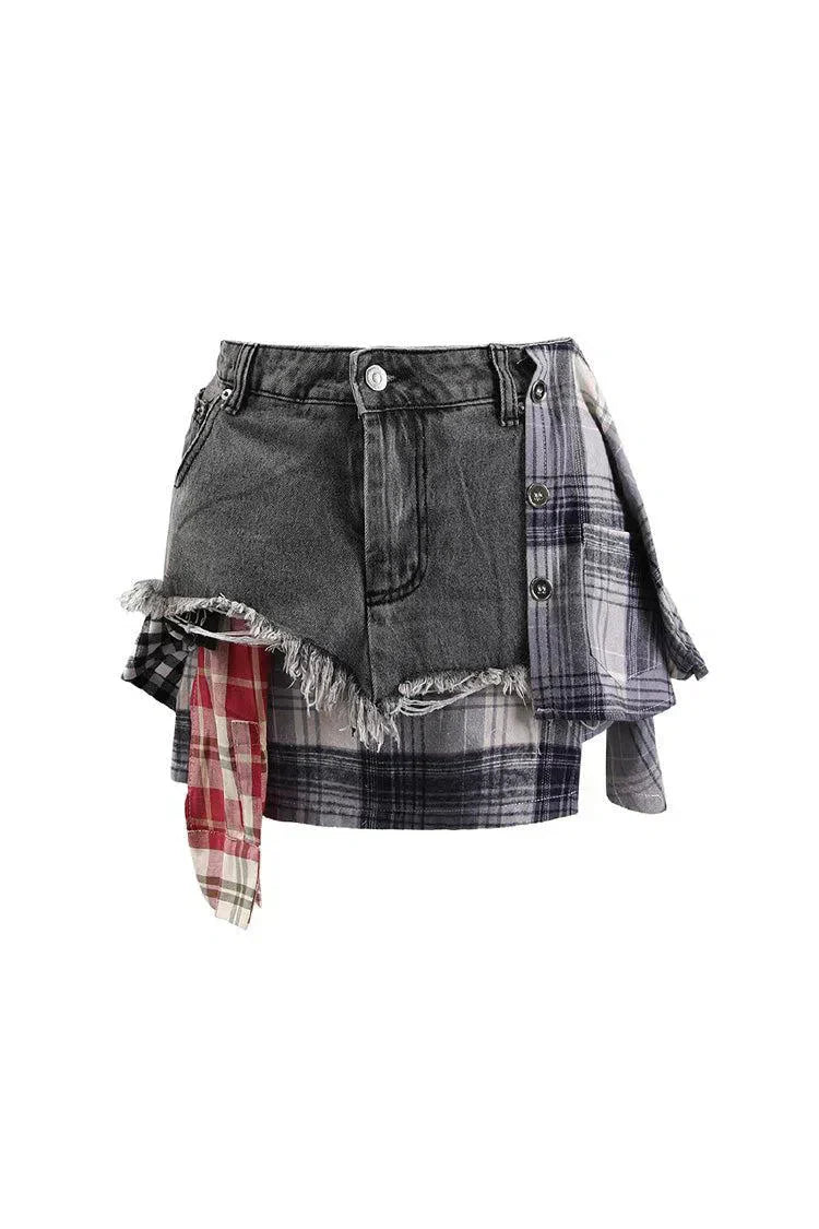 Monica – Plaid panels – Layered denim mini skirt-15133677715829-Mirella Fiore