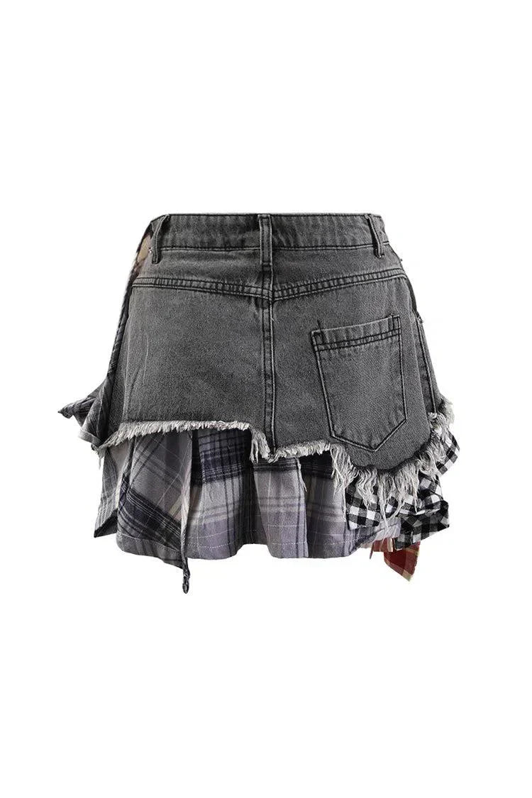 Monica – Plaid panels – Layered denim mini skirt-15133677715829-Mirella Fiore