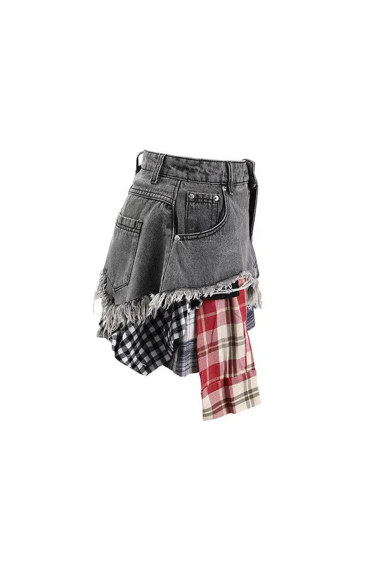 Monica – Plaid panels – Layered denim mini skirt-15133677715829-Mirella Fiore