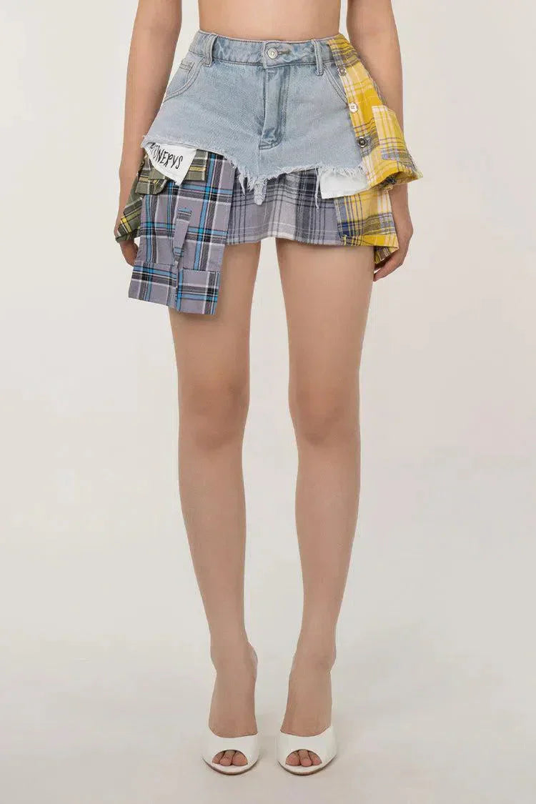 Monica – Plaid panels – Layered denim mini skirt-15133677715829-Mirella Fiore