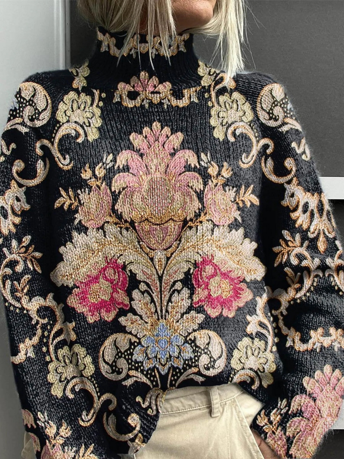 Oriana - Women's Vintage Lovely Floral Art Print Knit Turtleneck Pullover Sweater-15553140490613-Mirella Fiore