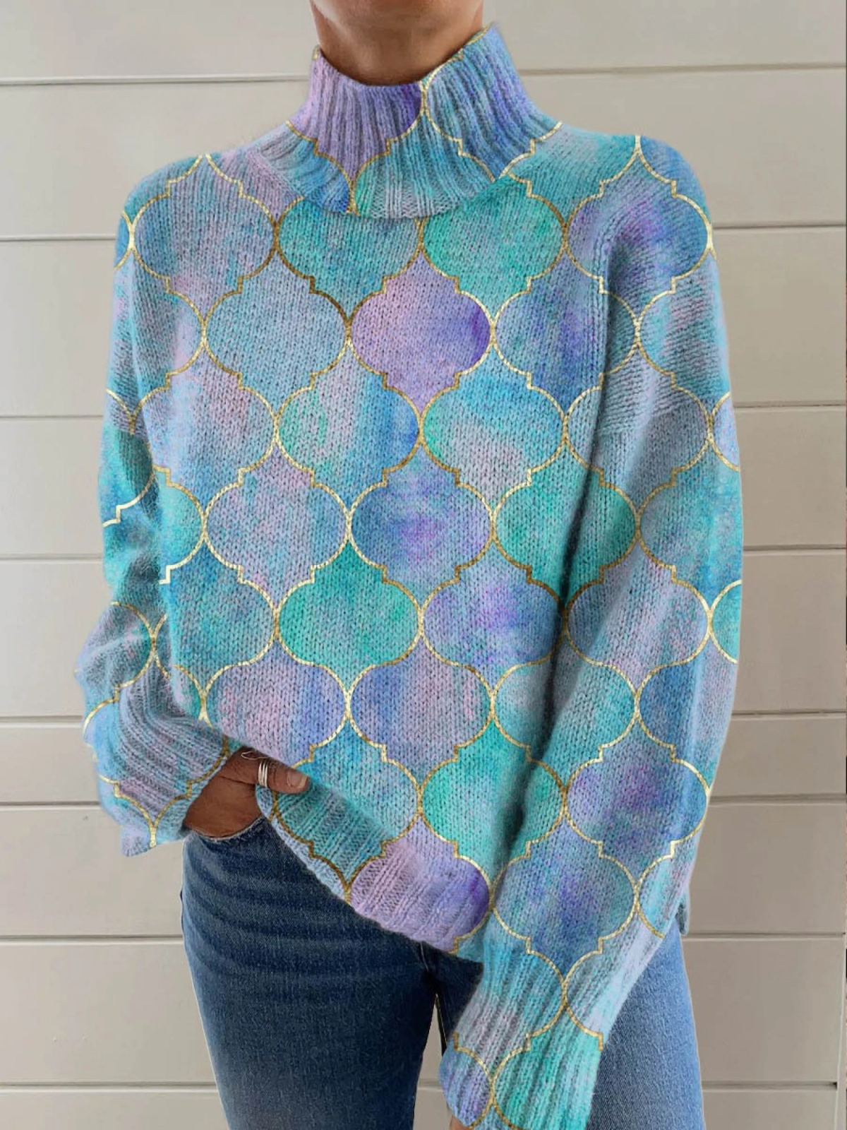 Seren - Abstract Geometric Pattern Art Print Knit Turtleneck Pullover Sweater-15553140752757-Mirella Fiore
