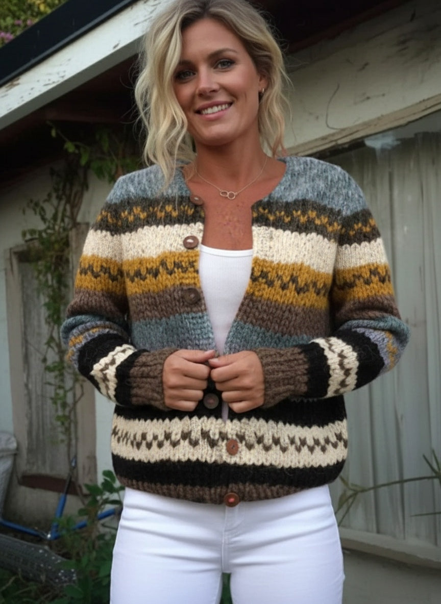 Therese - Striped Colour Block Print Buttoned Cardigan Sweater-15530556326261-Mirella Fiore